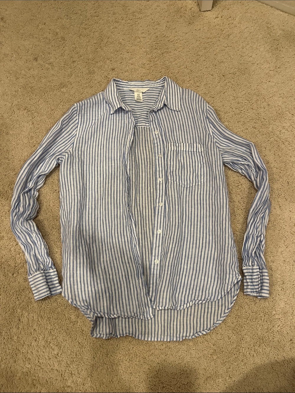 100% Linen Light Blue and White Striped Casual Button-Down Shirt